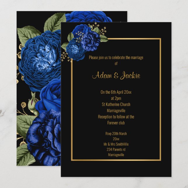 ROYAL BLUE OR FLORAL ÉLÉGANT INVITATION MARITIME (Devant / Derrière)