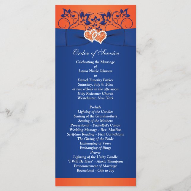 Royal Blue, Orange Floral, Programme de mariage de (Devant)