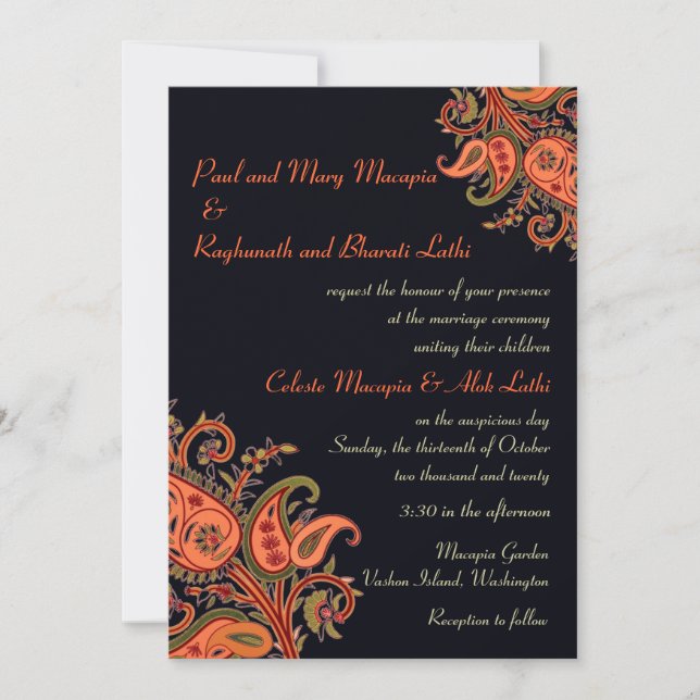 Royal Blue Orange Paisley Floral Indian Wedding Invitation (Front)