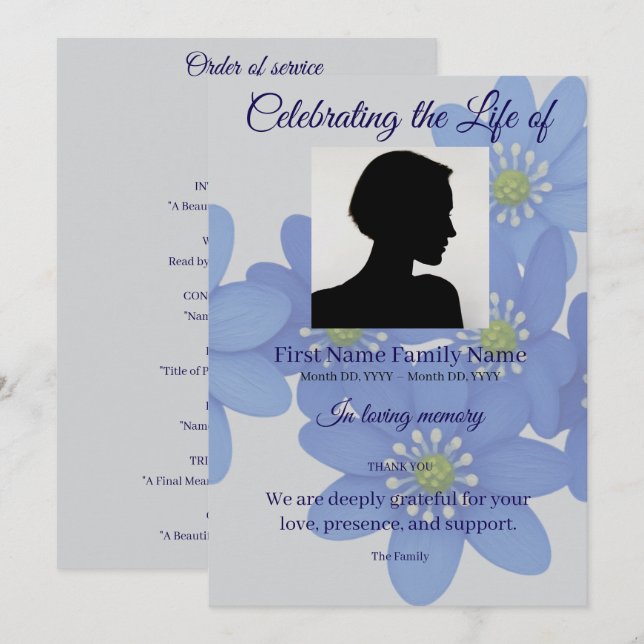 Royal blue order of service invitation (Front/Back)