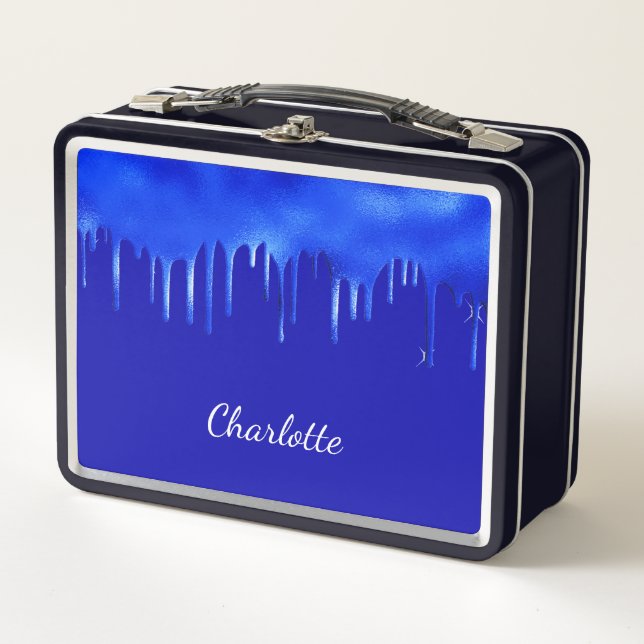 Royal blue paint dripping name script girl metal lunch box (Front)