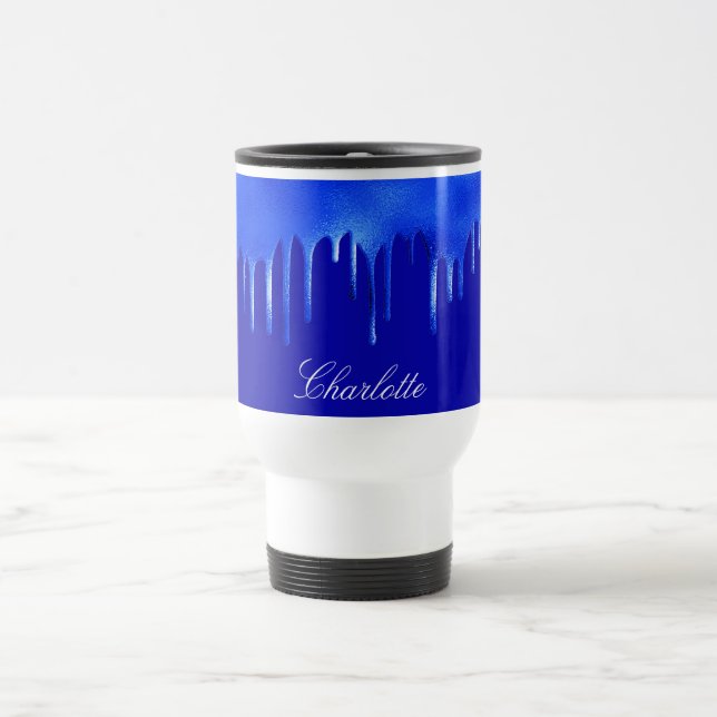 Royal blue paint dripping name script travel mug (Center)