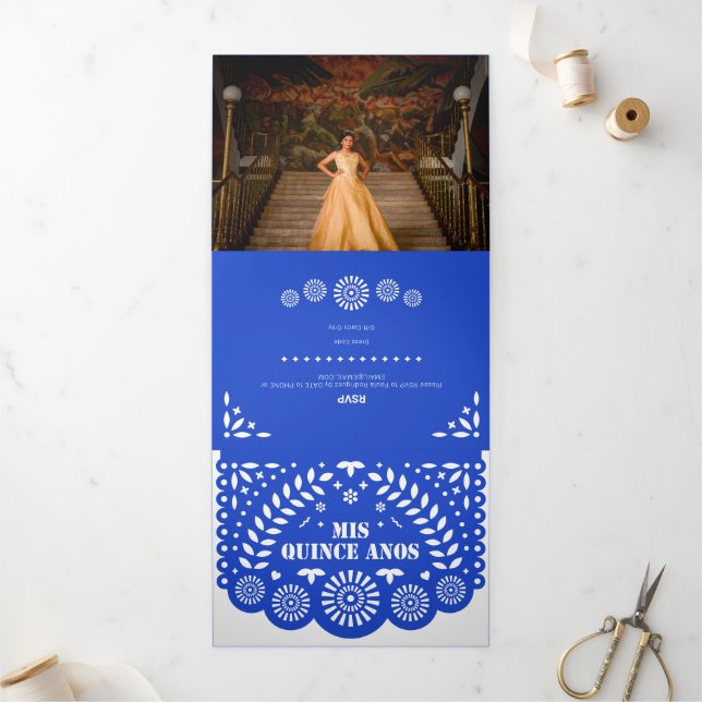 Royal Blue Papel Picado Mis Quince Años Tri-Fold Invitation (Outside)