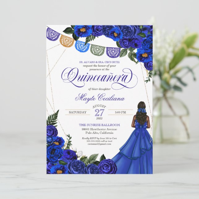 Royal Blue Papel Picado Quinceañera 15th Birthday  Invitation (Standing Front)