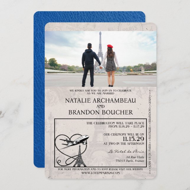 Royal Blue Paris Passport Wedding Invitation (Front/Back)