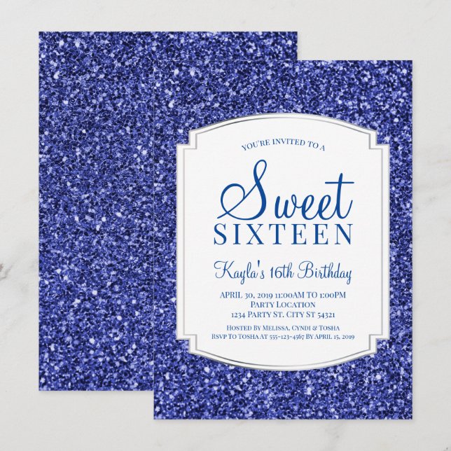 Royal Blue Parties scintillant Sweet 16 Invitation (Devant / Derrière)