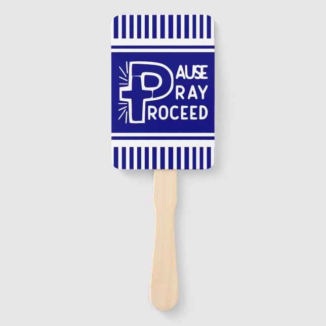 royal blue Pause Pray Proceed Christian Hand Fan (Front)