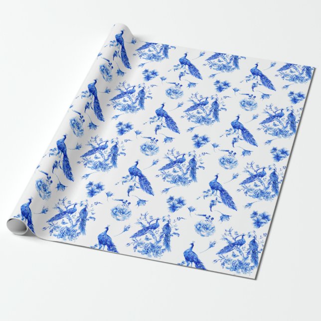 Royal blue peacock chinoiserie pattern wrapping paper (Unrolled)