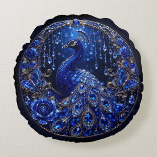 Royal Blue Peacock Crystal Glamour Round Pillow