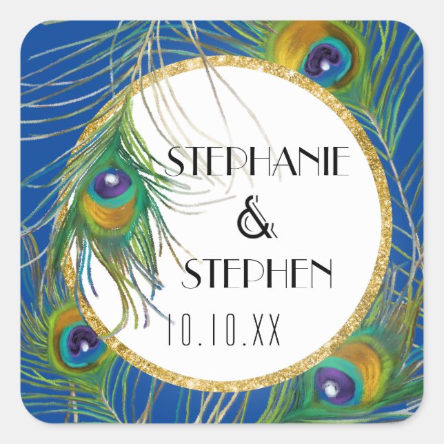 Royal Blue Peacock Feathers w Gold Faux Glitter Square Sticker (Front)