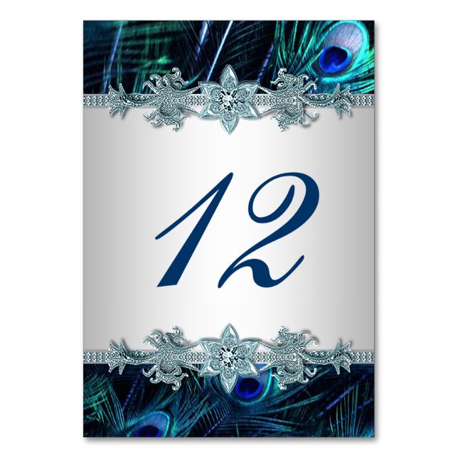 Royal Blue Peacock Wedding Table Number (Front)