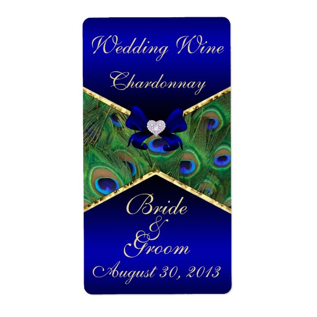 Royal Blue Peacock  Wedding Wine Label (Front)