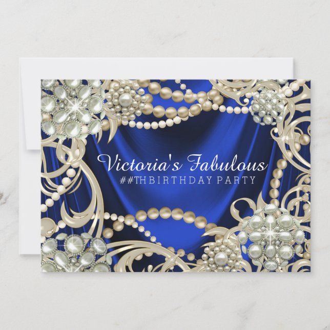 Royal Blue Pearl Glam Birthday Party Invitation (Front)