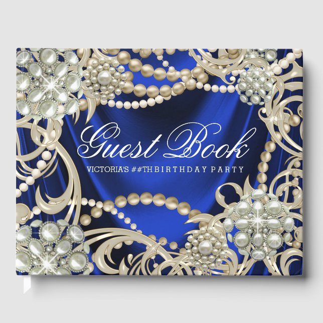 Royal Blue Pearl Womans Birthday Party Livre d'inv (Recto)