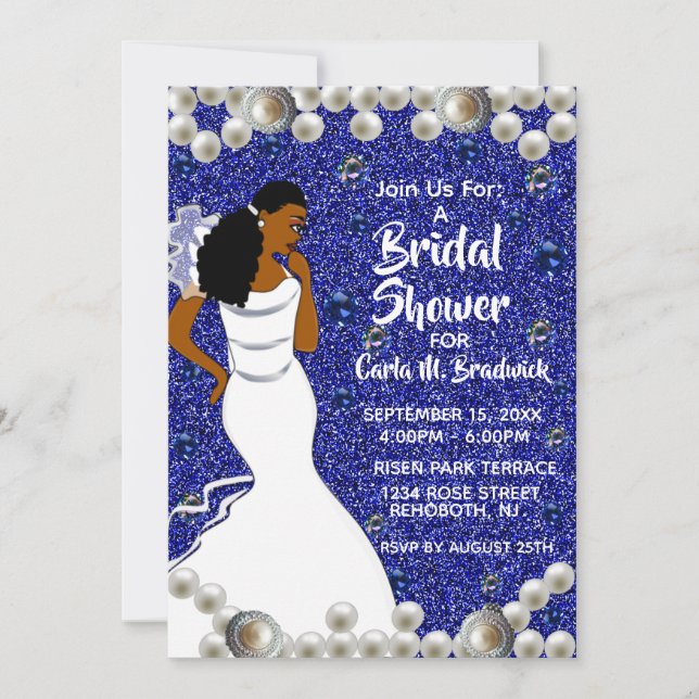 Royal Blue Pearls African American Bridal Shower Invitation (Front)