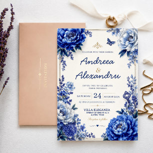 Royal Blue Peony Luxury Floral Elegant Blue Gold Invitation
