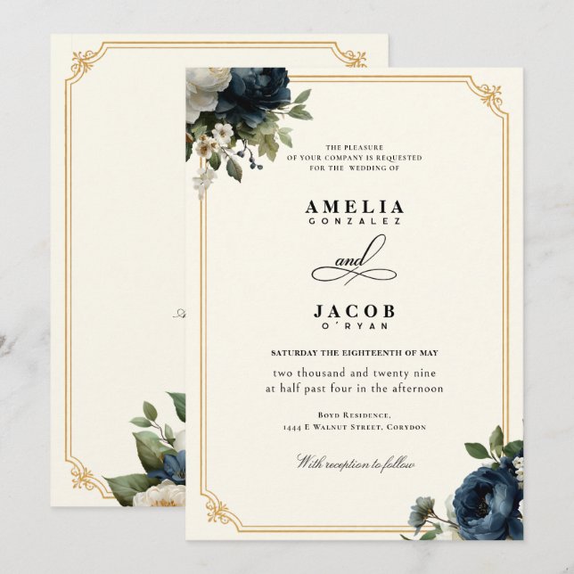 Royal Blue Peony Wedding with Gold Frame Invitation (Front/Back)
