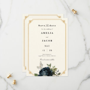 Royal Blue Peony Wedding with Gold Frame Save The Date