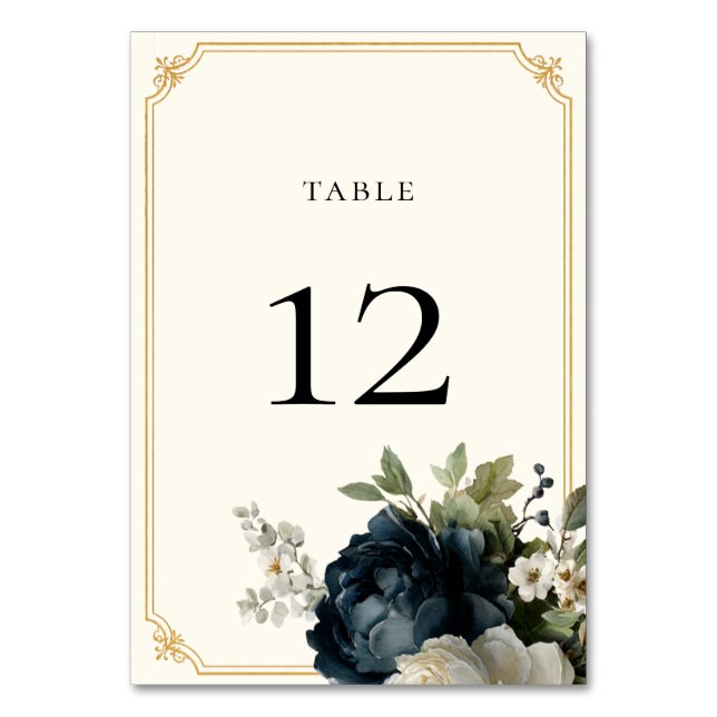 Royal Blue Peony Wedding with Gold Frame Table Number (Front)