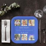Royal blue photo collage birthday party paper plate<br><div class="desc">For a 50th (or any age) birthday,  celebrating his/her life with a collage of 6 of your high quality photos of her,  her friends,  family,  interest or pets.  Personalize and add a name,  age,  date.    A classic royal blue background.</div>