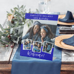 Royal blue photo collage birthday party welcome pedestal sign<br><div class="desc">Create your own unique photo collage. Use four,  4 of your favourite photo. Personalize and add a name and age. Royal blue background,  white text.</div>