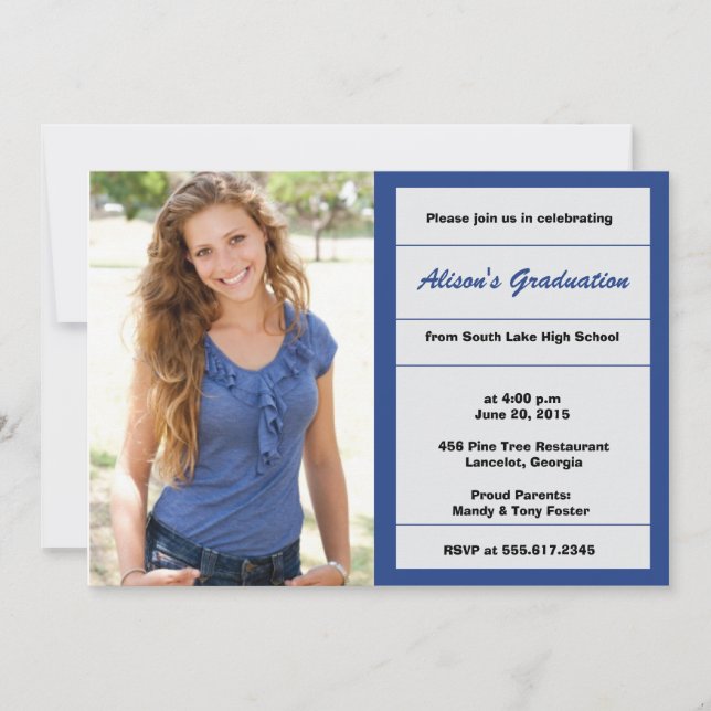 Royal blue photo graduation party invitation (Front)