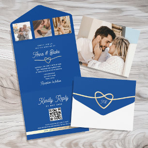 Royal Blue Photos Wedding QR Code All In One Invitation