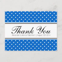 Royal blue polka dot wedding thank you postcards