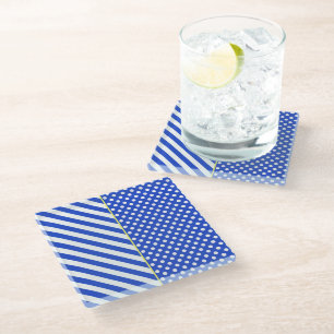 Royal Blue Polka Dots And Stripes by STaylor Glass Coaster