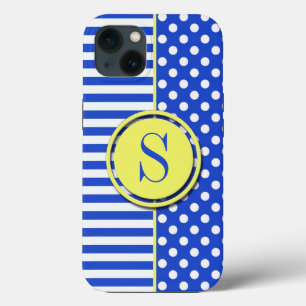 Royal Blue Polka Dots and Stripes-Monogram STaylor iPhone 13 Case
