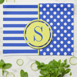 Royal Blue Polka Dots and Stripes-Monogram STaylor Kitchen Towel