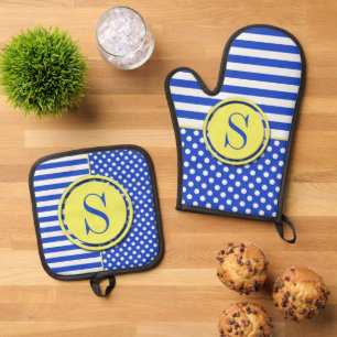 Royal Blue Polka Dots and Stripes-Monogram STaylor Oven Mitt & Pot Holder Set