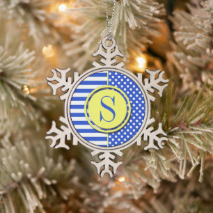 Royal Blue Polka Dots and Stripes-Monogram STaylor Snowflake Pewter Christmas Ornament