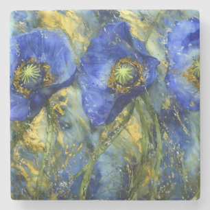 Royal Blue Poppies in Gold Swirl Stone Coaster