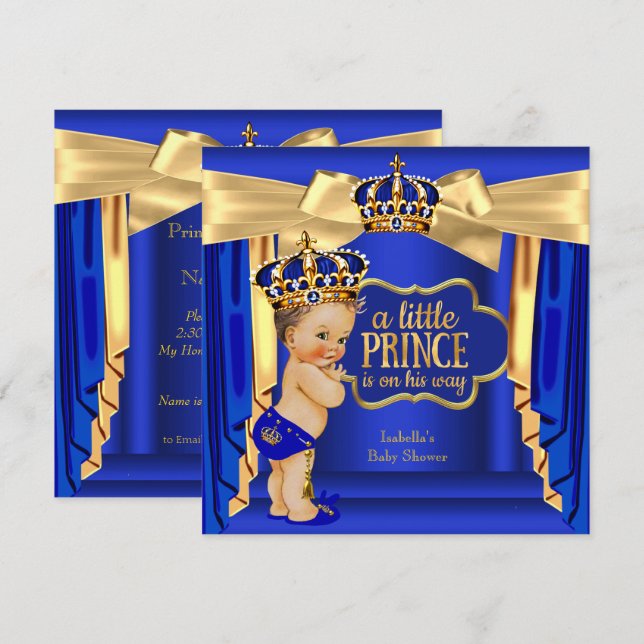 Royal Blue Prince Baby Shower Gold Crown Brunette Invitation (Front/Back)