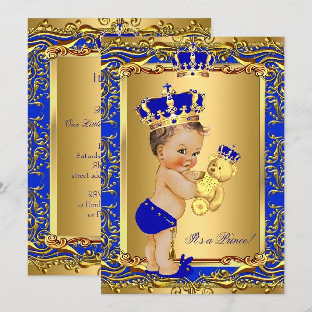 Royal Blue Prince Crown Baby Shower Bear Brunette Invitation (Front/Back)