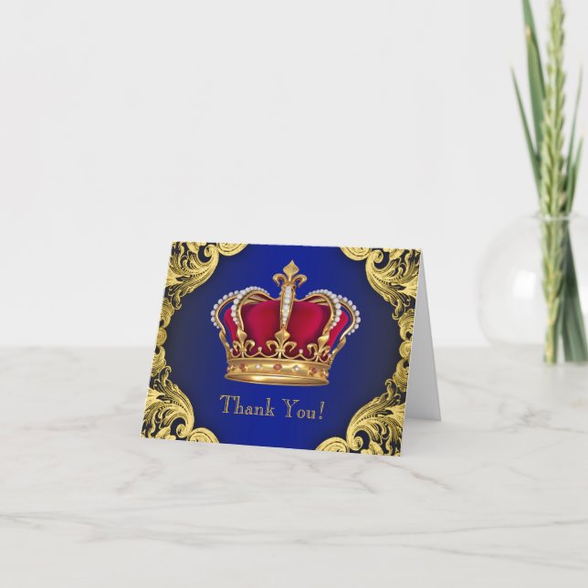 Royal Blue Prince Crown Thank You Cards (Front)