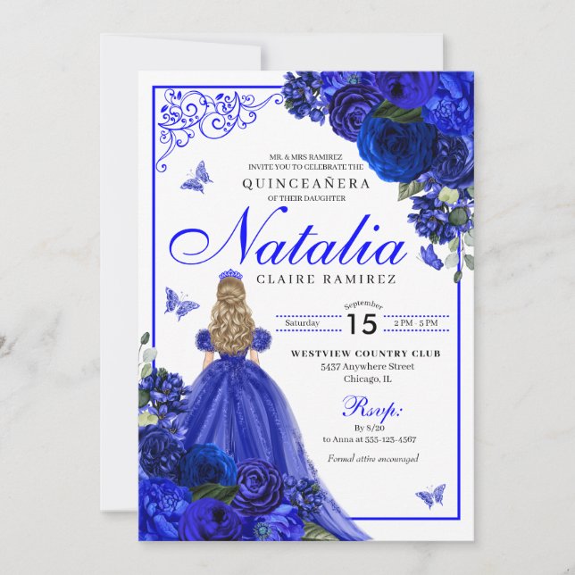 Royal Blue Princess & Butterflies Quinceañera Invitation (Front)