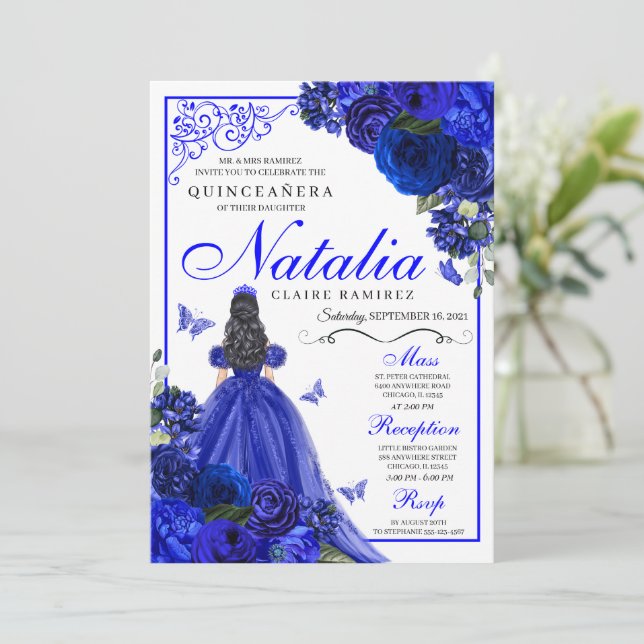 Royal Blue Princess & Butterflies Quinceañera Invitation (Standing Front)