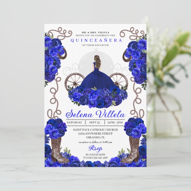 Royal Blue Princess Dress & Boots Quinceanera Invitation (Standing Front)