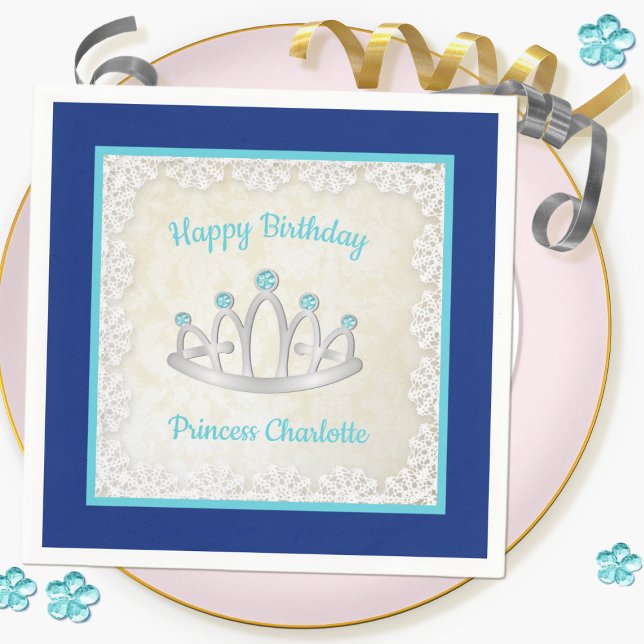 Royal Blue Princess Tiara Birthday Paper Napkin (Creator Uploaded)