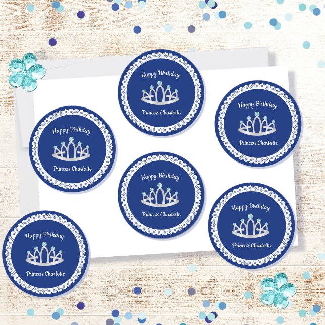 Royal Blue Princess Tiara Birthday Party Stickers (Creator Uploaded)