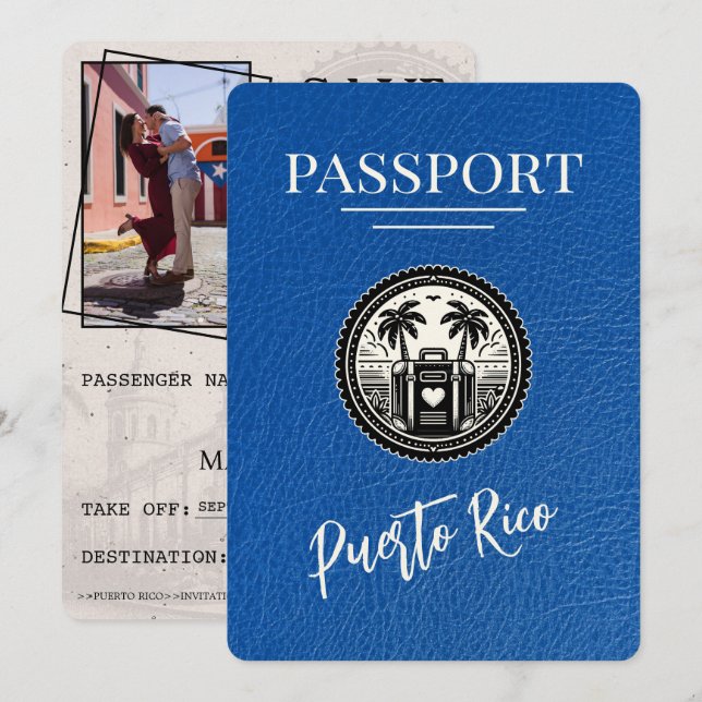 Royal Blue Puerto Rico Passport Save The Date (Front/Back)