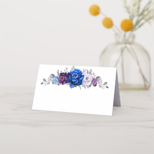 Royal Blue Purple Navy Lilac Blooms Wedding Place Card (Front)