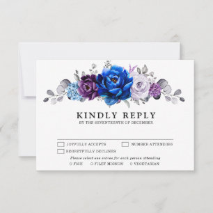 Royal Blue Purple Navy Lilac Blooms Wedding RSVP Card