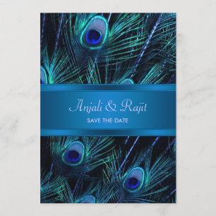 Royal Blue Purple Peacock Feathers Wedding Save The Date