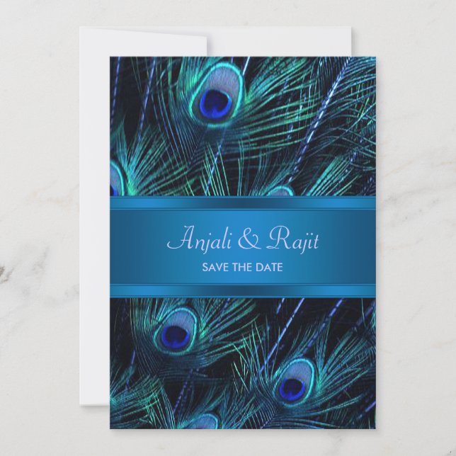 Royal Blue Purple Peacock Feathers Wedding Save The Date (Front)