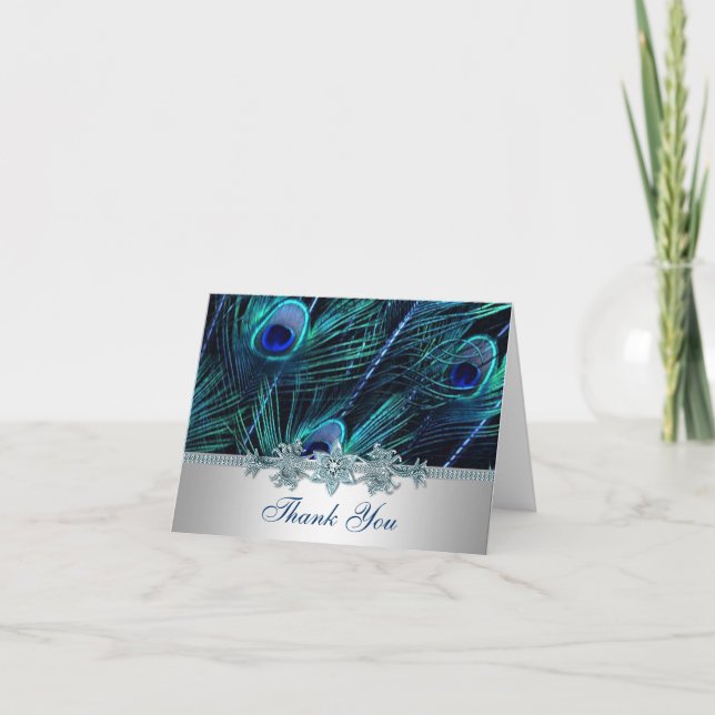 Royal Blue Purple Peacock Feathers Wedding Thank You Card (Front)