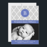 Royal Blue Quatrefoil Monogram Birth Announcements<br><div class="desc">Modern birth announcements feature an elegant quatrefoil pattern and can be personalized with your child's information,  monogram.</div>