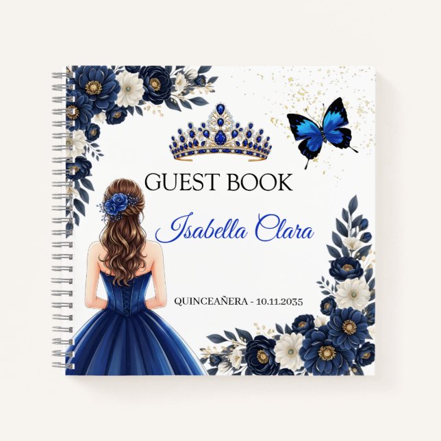 Royal Blue Quinceañera Butterfly Guest Book (Front)